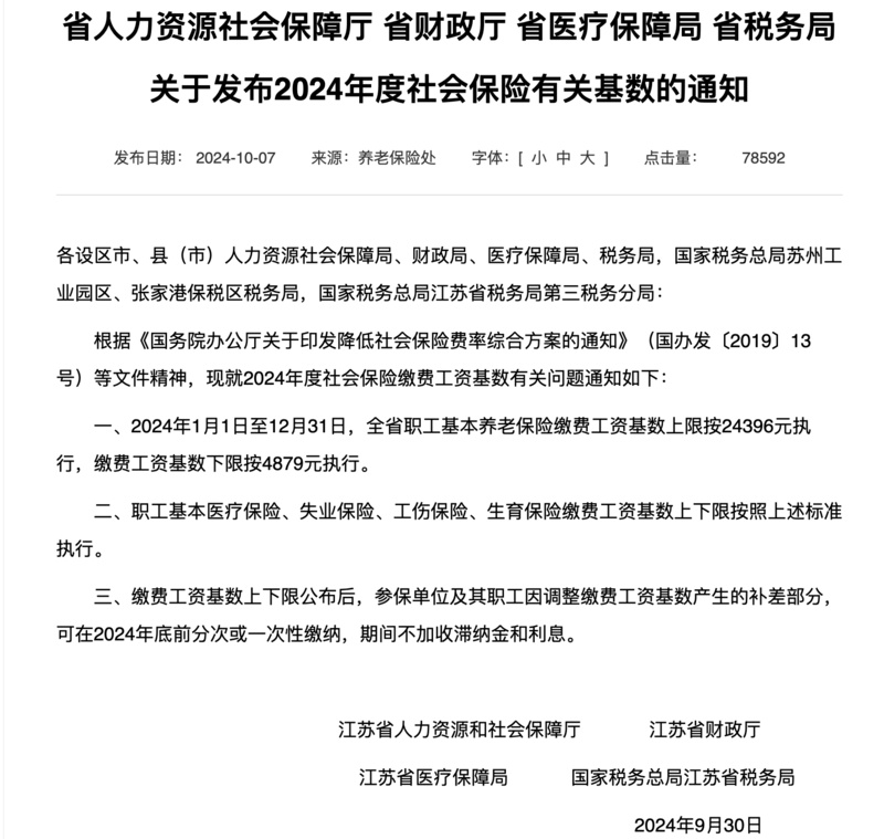 上限24396元下限4879元江苏公布2024年度社会保险缴费基数(图1)